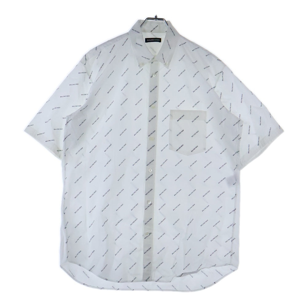 BALENCIAGA(バレンシアガ) 18SS ロゴ総柄 フロントポケット ボタンダウン半袖シャツ ホワイト 534332 TBL96