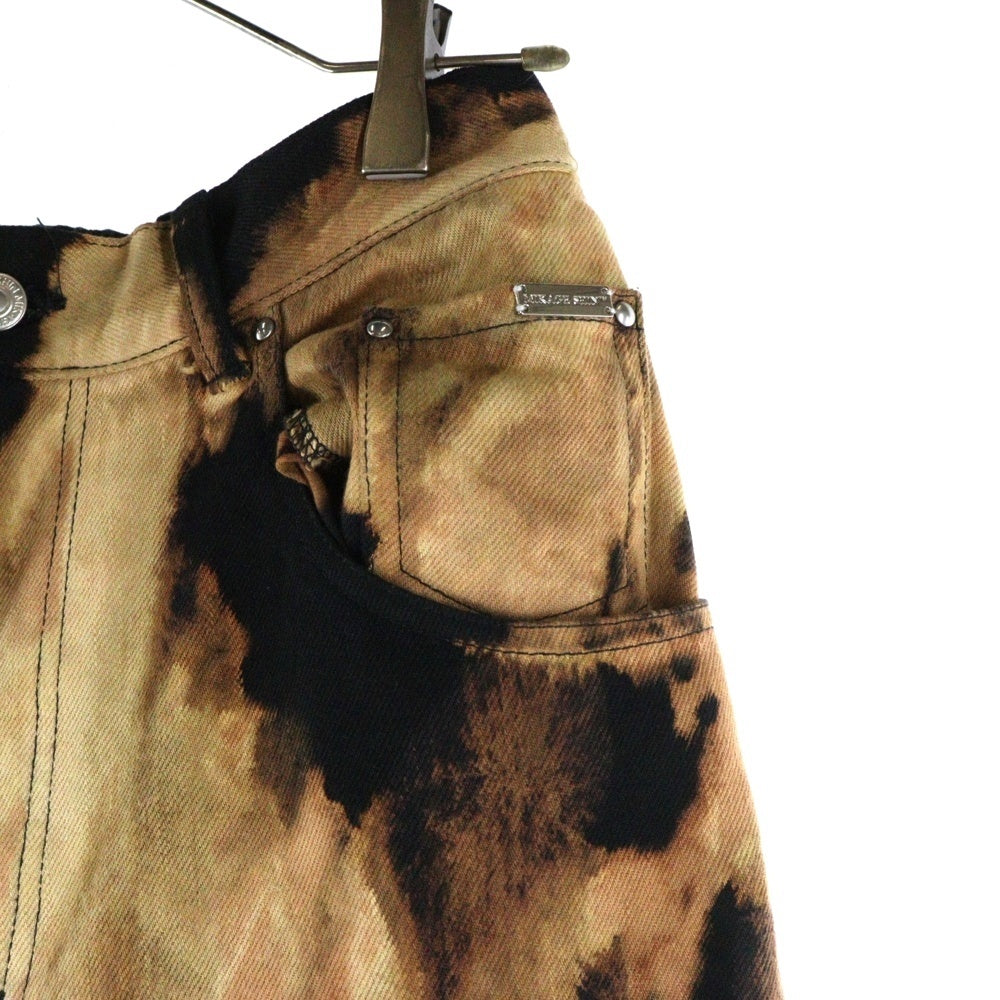 NO BRAND(ノーブランド) HAND EFFECTED WRAPPING DENIM ハンドエフェクテッド ラッピングデニム 総柄 ブリーチ加工 ワイドパンツ オレンジ/ブラック