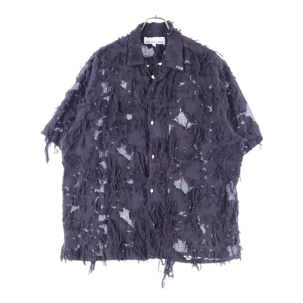 NO BRAND(ノーブランド) CUT JACQUARD HALF SHIRT カットジャガード フリンジ 半袖シャツ パープル