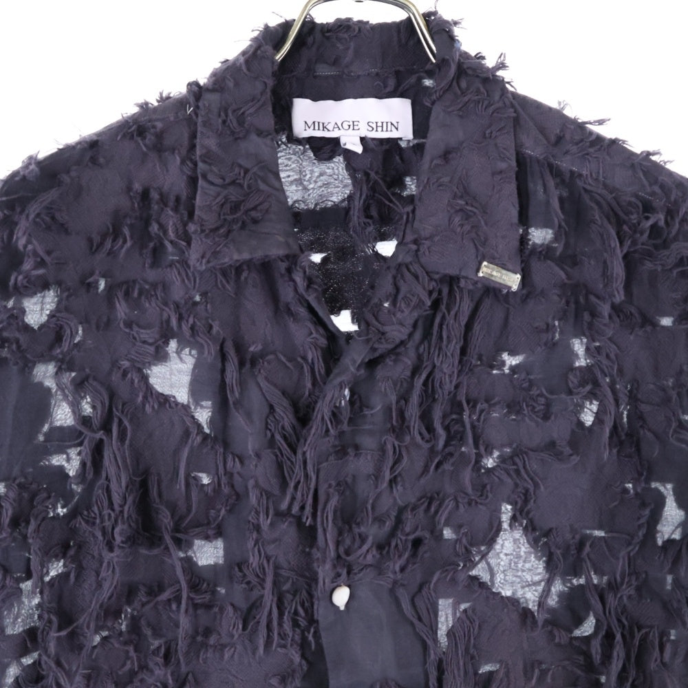 NO BRAND(ノーブランド) CUT JACQUARD HALF SHIRT カットジャガード フリンジ 半袖シャツ パープル