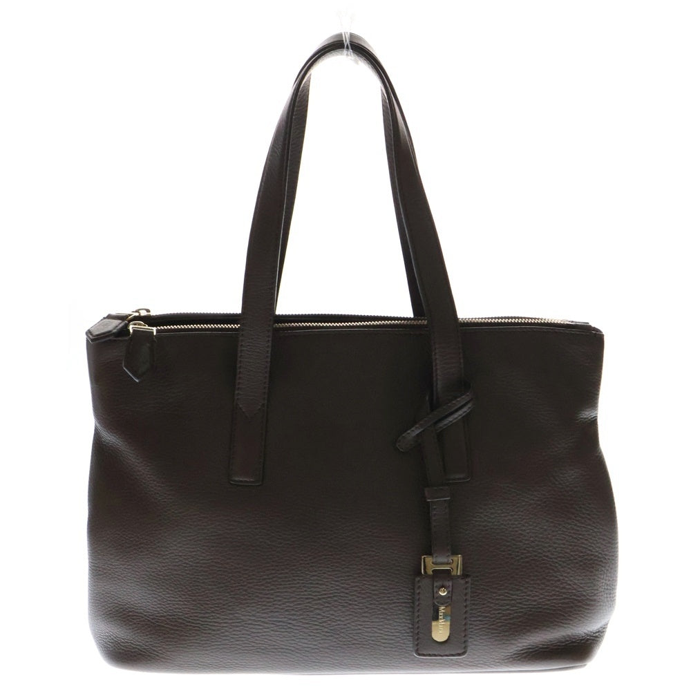 Max Mara(マックスマーラ) ロゴストラップ付 レザー ミニボストン ハンドバッグ ブラウン