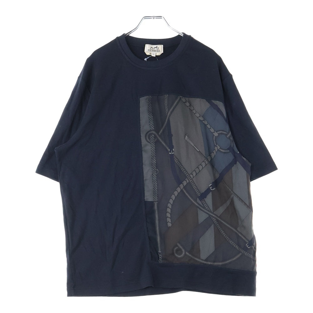 HERMES(エルメス) Parcours Sans Faute シルク切り替え クルーネック 半袖Tシャツ カットソー ネイビー