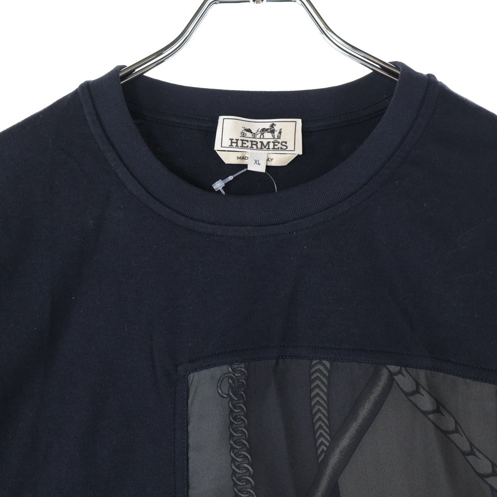 HERMES(エルメス) Parcours Sans Faute シルク切り替え クルーネック 半袖Tシャツ カットソー ネイビー