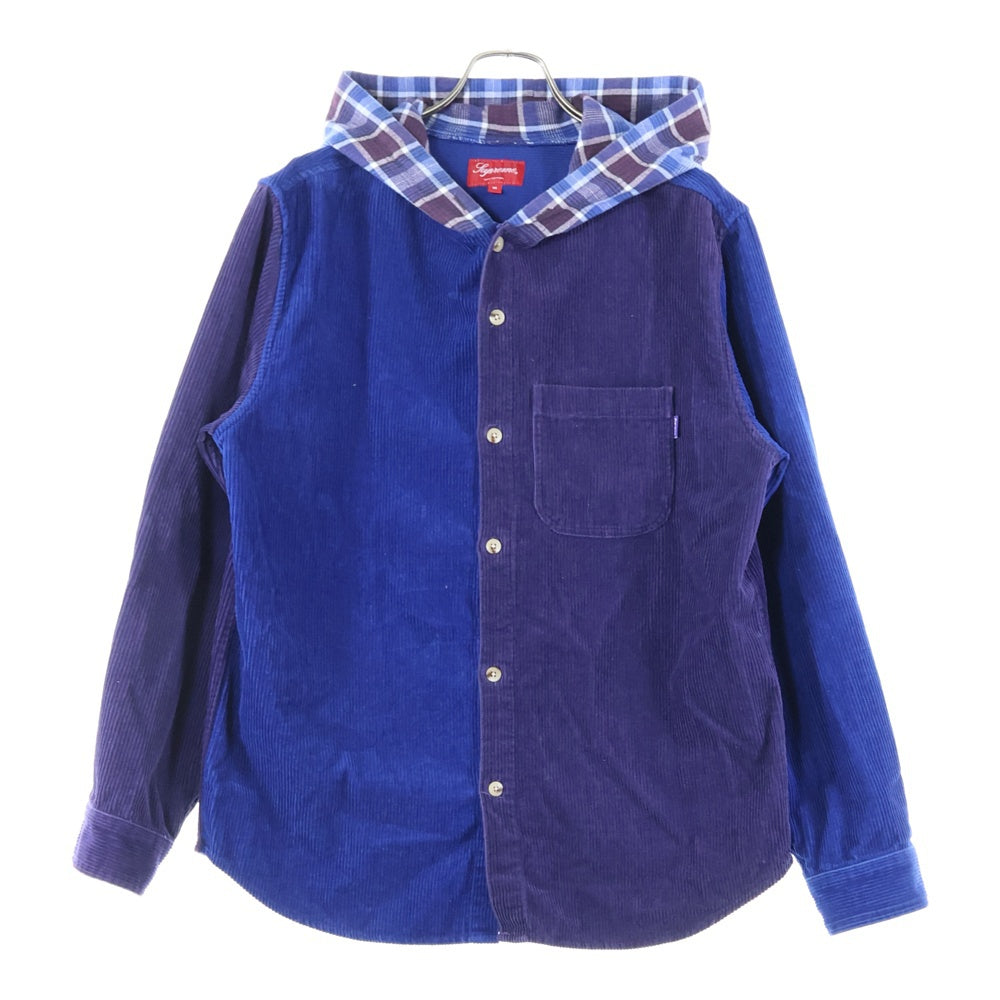 SUPREME(シュプリーム) 18AW Hooded Color Blocked Corduroy Shirt フーデッド カラー ブロックド コーデュロイ 長袖シャツ ブルー/パープル