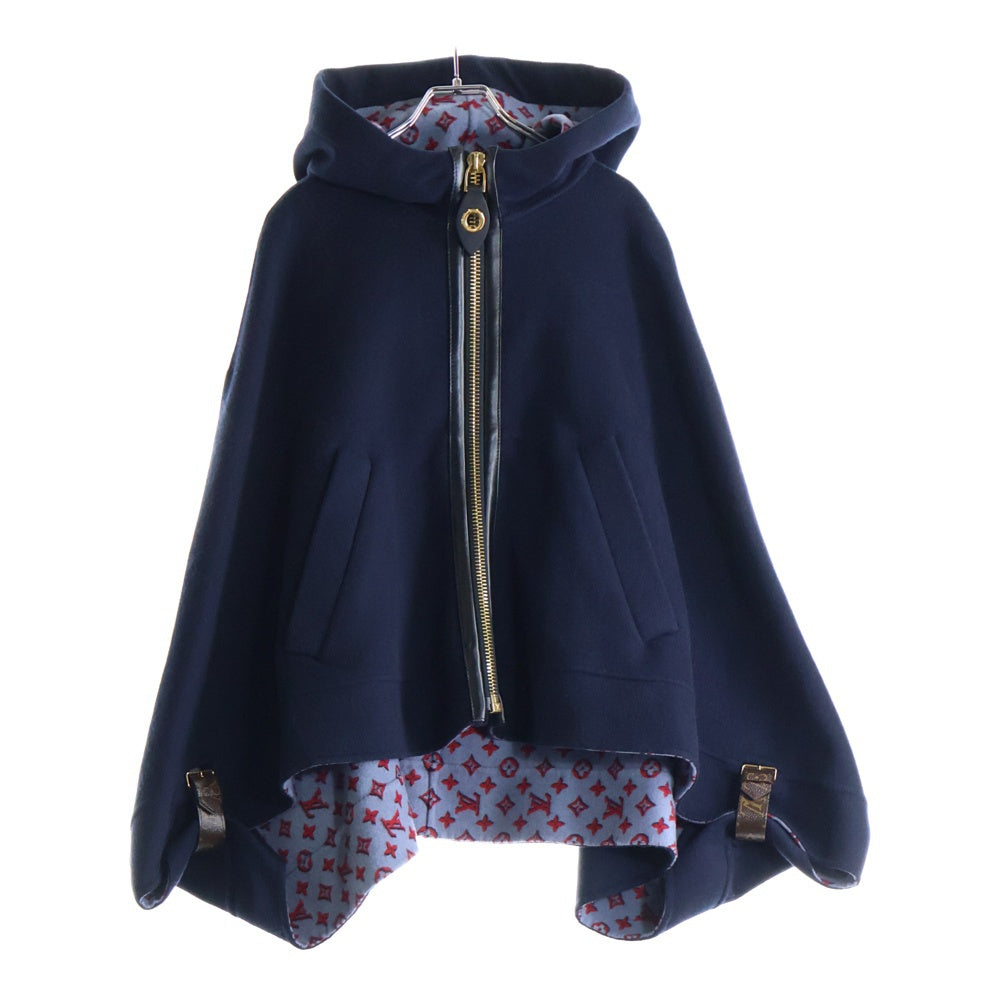 LOUIS VUITTON(ルイヴィトン) 23AW 裏地モノグラム ウール フーデッド ジップアップ ケープ ポンチョ コート ネイビー レディース RW232W AIG FPCO35