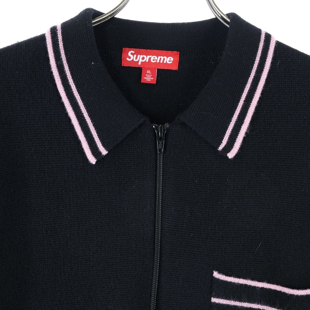 SUPREME(シュプリーム) 24AW Zip Up Polo Sweater フロントロゴ刺繍 ジップアップ ポロニットセーター ブラック/ピンク