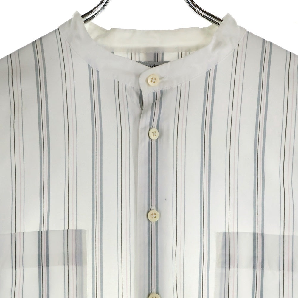VISVIM(ヴィスヴィム) 16AW ノーカラー ダブルポケット ストライプ 長袖シャツ ホワイト/ブルー 0116205011011