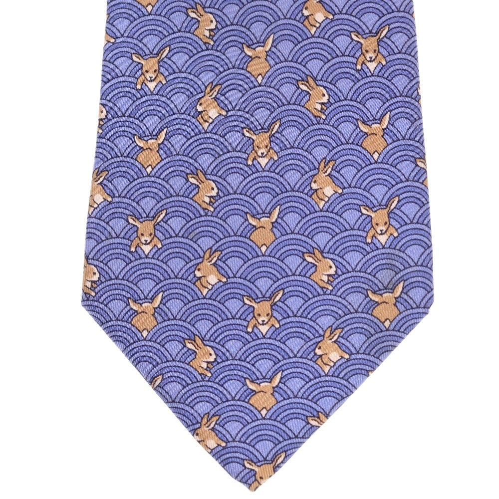HERMES(エルメス) 総柄 ウサギ シルク ネクタイ ブルー/ベージュ