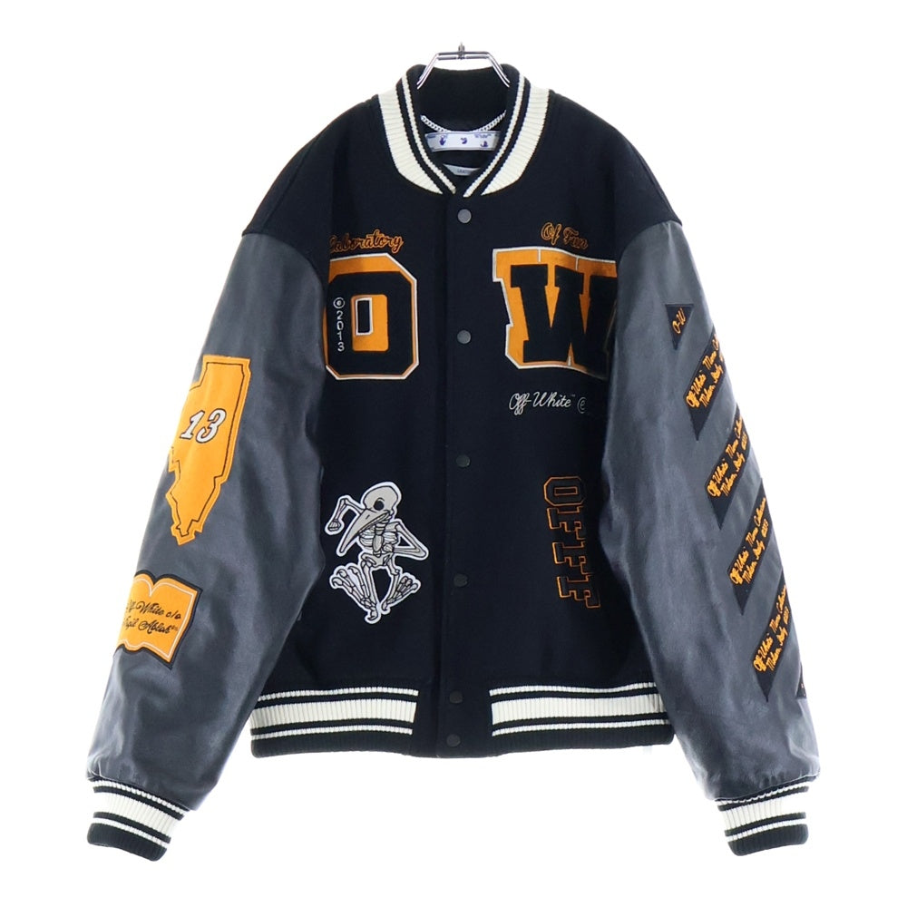 OFF-WHITE(オフホワイト) 21AW Leather Varsity Jacket ロゴワッペン 袖レザー切り替え バーシティジャケット スタジャン ブルゾン ブラック OMJA059F21LEA001