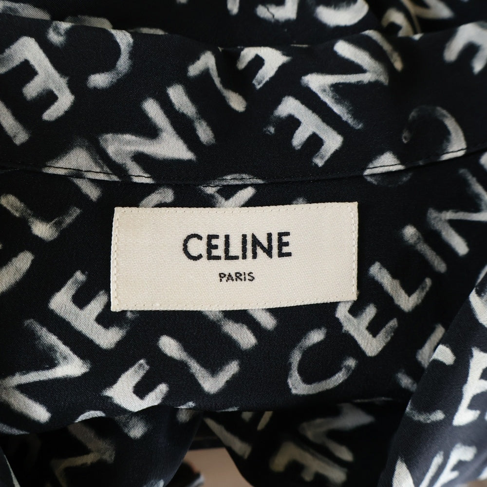 CELINE(セリーヌ) Hawaiian Shirt Crepe De Cine クレープドシーヌ ハワイアン開襟半袖シャツ ブラック/ホワイト 2C946748T