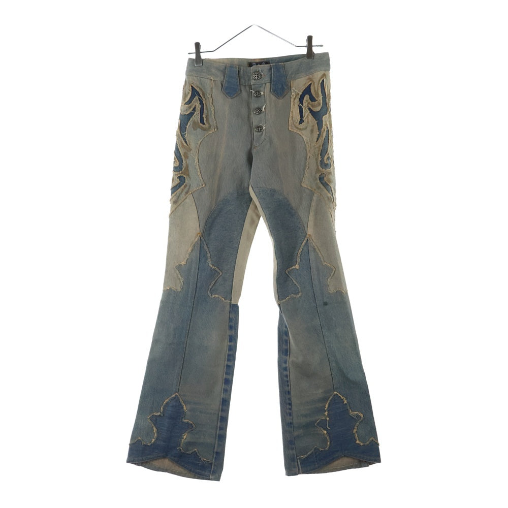 A&G(エーアンドジー) フレアニー パッチワーク ボタンフライ デニム フレアパンツ インディゴ