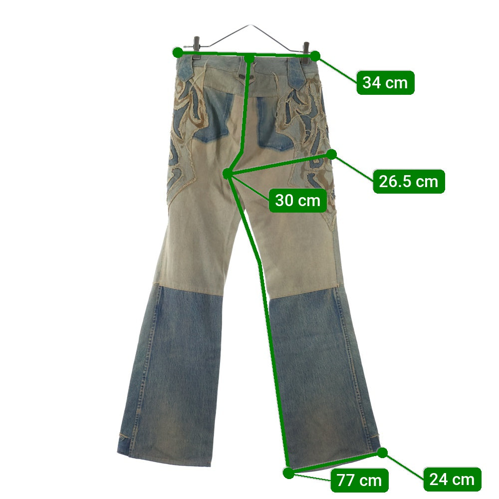 A&G(エーアンドジー) フレアニー パッチワーク ボタンフライ デニム フレアパンツ インディゴ