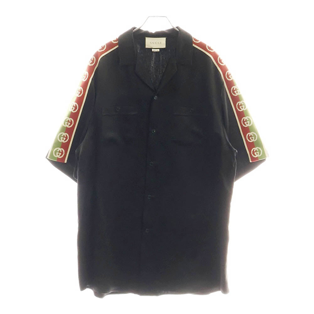 GUCCI(グッチ) Taped Logo Silk Vacation Shirt テープロゴ シルク オープンカラー 半袖シャツ ブラック 619025