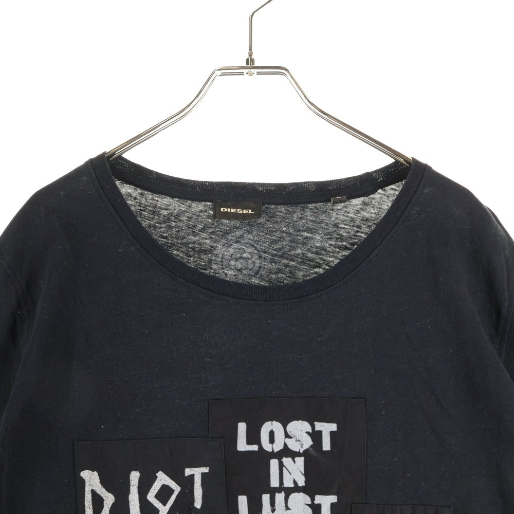 DIESEL(ディーゼル) フロントパッチワーク ロゴプリント クルーネック 半袖Tシャツカットソー ブラック