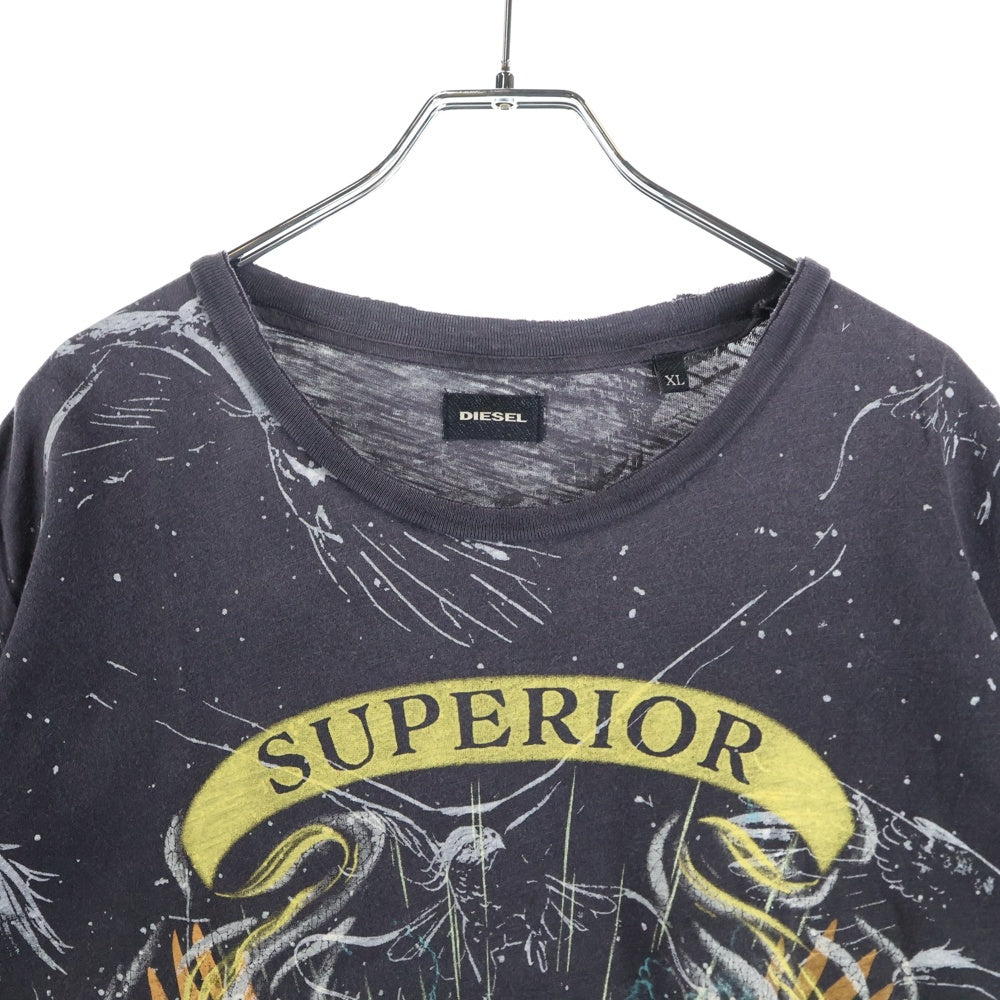 DIESEL(ディーゼル) ダメージ加工グラフィックプリント クルーネック 半袖Tカットソー チャコールグレー