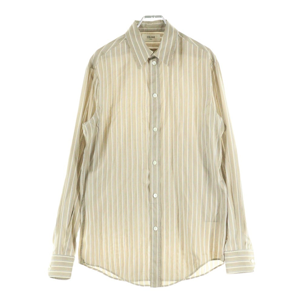 CELINE(セリーヌ) ストライプ シルク フロントボタン 長袖シャツ ブラウン 2C239080I