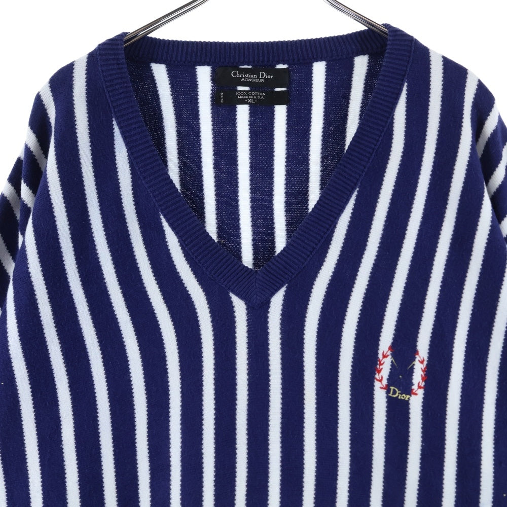 Christian Dior(クリスチャンディオール) Vネック ストライプ ニットセーター ブルー/ホワイト