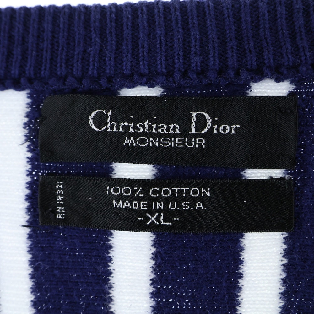Christian Dior(クリスチャンディオール) Vネック ストライプ ニットセーター ブルー/ホワイト