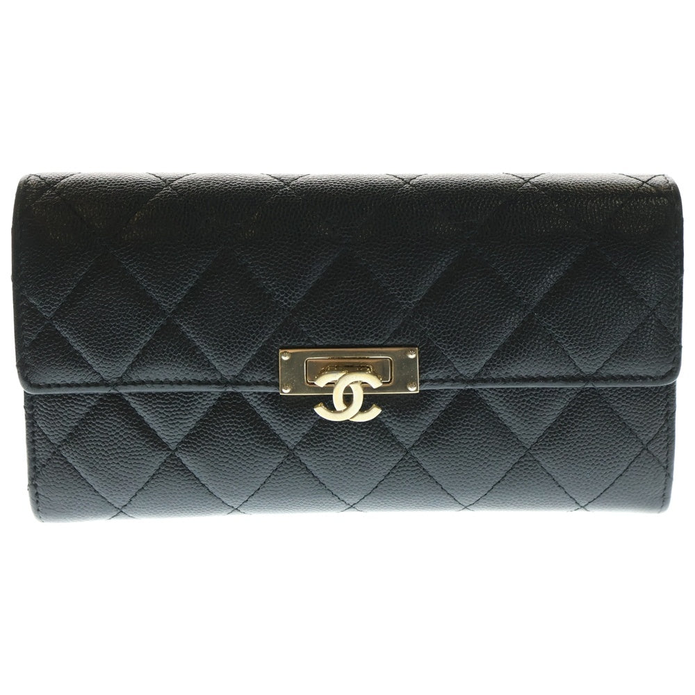 CHANEL(シャネル) マトラッセ ココロック キャビアスキン フラップ レザー ロングウォレット 長財布 ブラック A80768