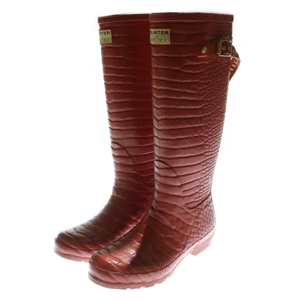 HUNTER(ハンター) ×Jimmy Choo 型押し ロング レインブーツ レッド レディース
