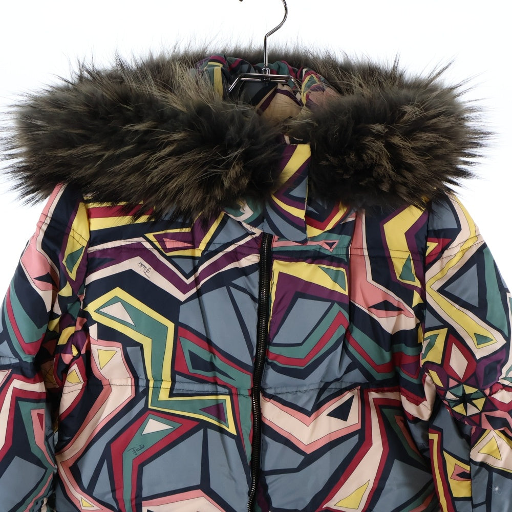 EMILIO PUCCI(エミリオプッチ) 総柄 ナイロン ファーフーデッド ダウンジャケット マルチ レディース 96YB03