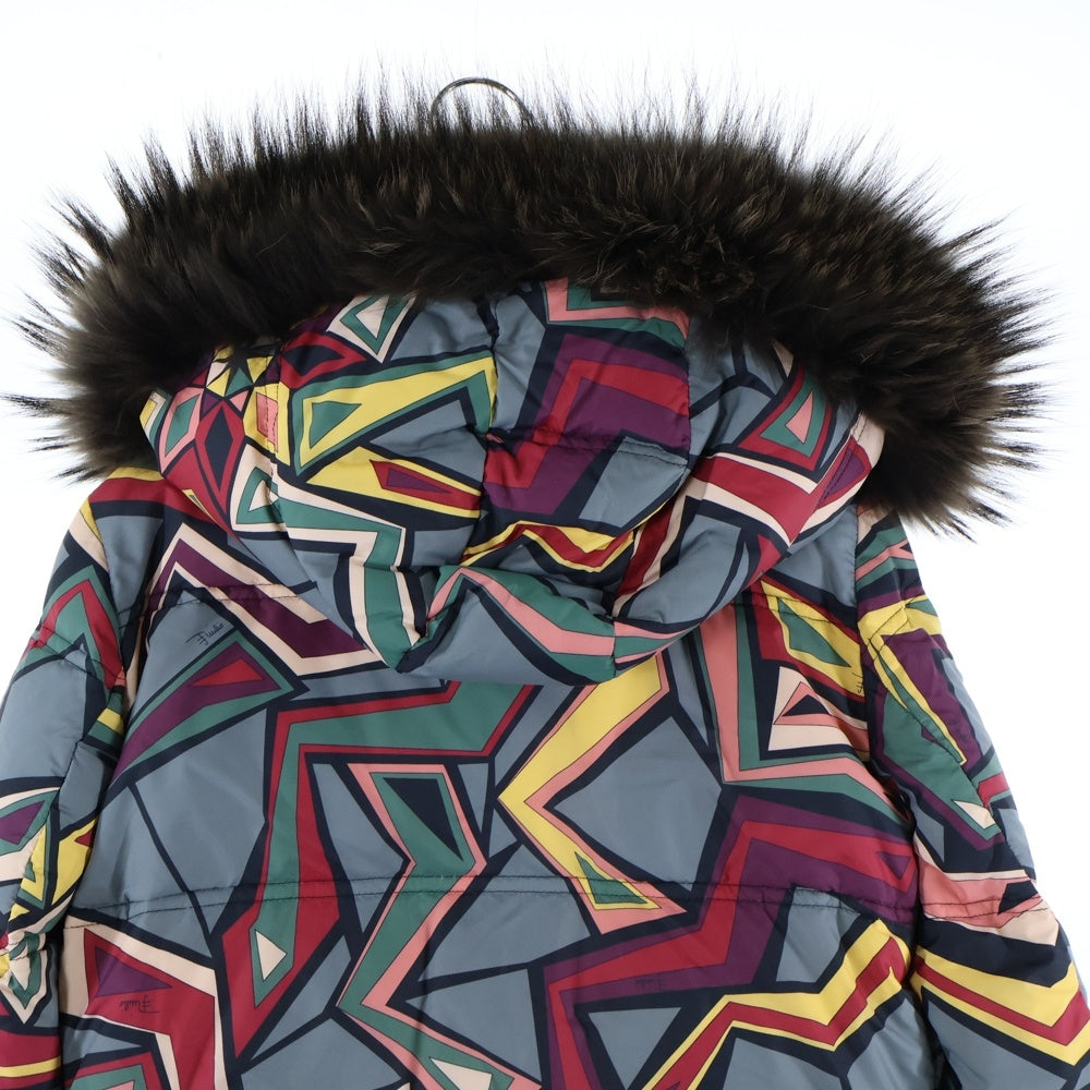 EMILIO PUCCI(エミリオプッチ) 総柄 ナイロン ファーフーデッド ダウンジャケット マルチ レディース 96YB03
