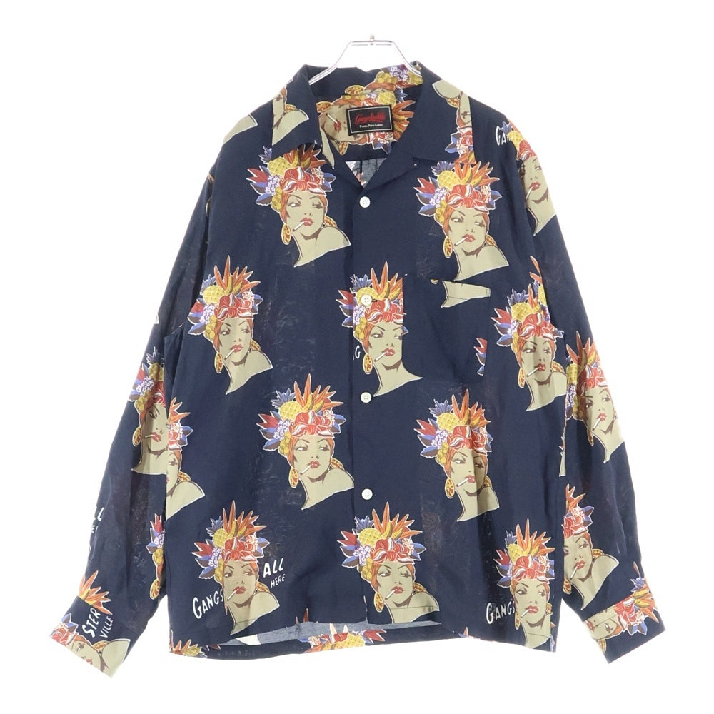 GANGSTERVILLE(ギャングスタービル) オープンカラー 長袖レーヨンシャツ ネイビー