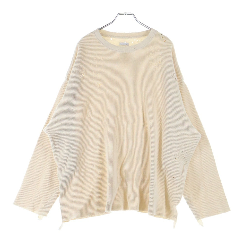 Name.(ネーム) WAFFLE TAPED LOOSE SLEEVE DAMAGE TEE ワッフル ダメージ加工 クルーネック 長袖Tシャツ カットソー ベージュ NMCU-FI004