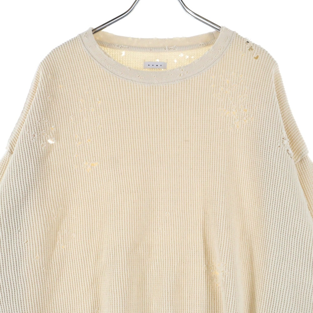 Name.(ネーム) WAFFLE TAPED LOOSE SLEEVE DAMAGE TEE ワッフル ダメージ加工 クルーネック 長袖Tシャツ カットソー ベージュ NMCU-FI004