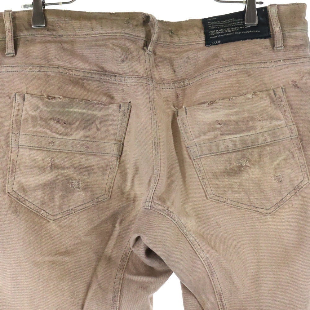 JULIUS(ユリウス) ダメージ加工 ボタンフライ コットン ストレートデニムパンツ ピンク