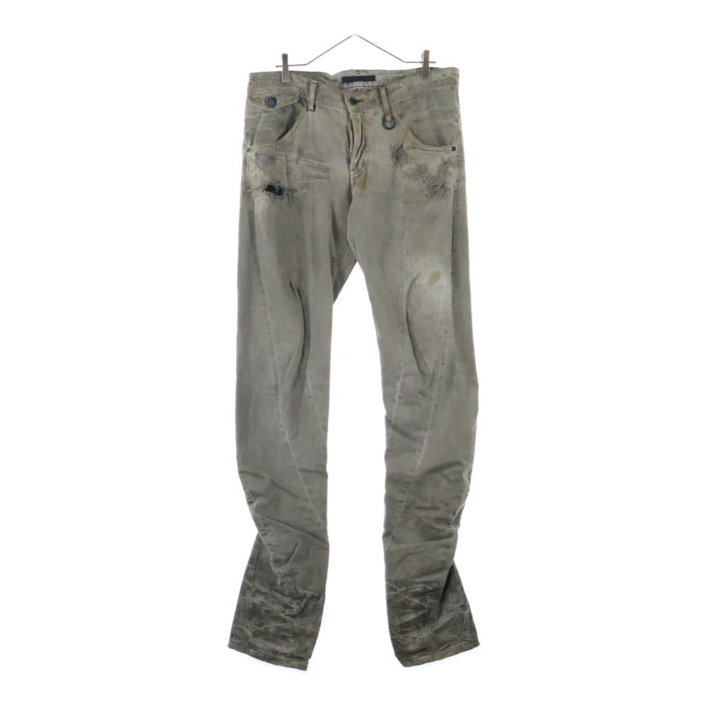 JULIUS(ユリウス) ダメージ加工 ボタンフライ 変形 コットン デニムパンツ カーキ