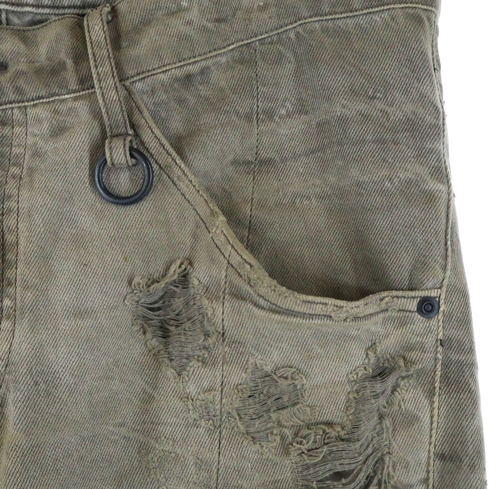 JULIUS(ユリウス) ダメージ加工 ボタンフライ 変形 コットン デニムパンツ カーキ