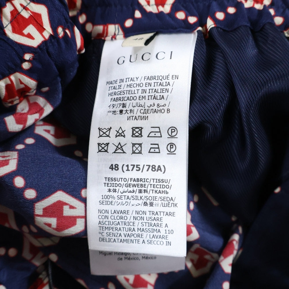 GUCCI(グッチ) GGヘキサゴン 総柄 シルク ハーフパンツ ショートパンツ ショーツ ネイビー/レッド 654859 ZAF9W