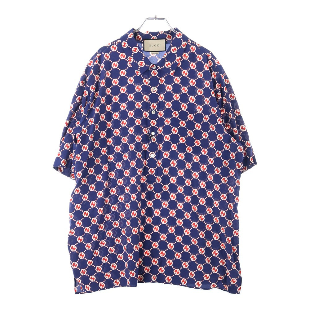 GUCCI(グッチ) 21SS GG総柄 ヘキサゴン シルククレープ ボウリング 半袖シャツ ネイビー/レッド 654887 ZAF9W