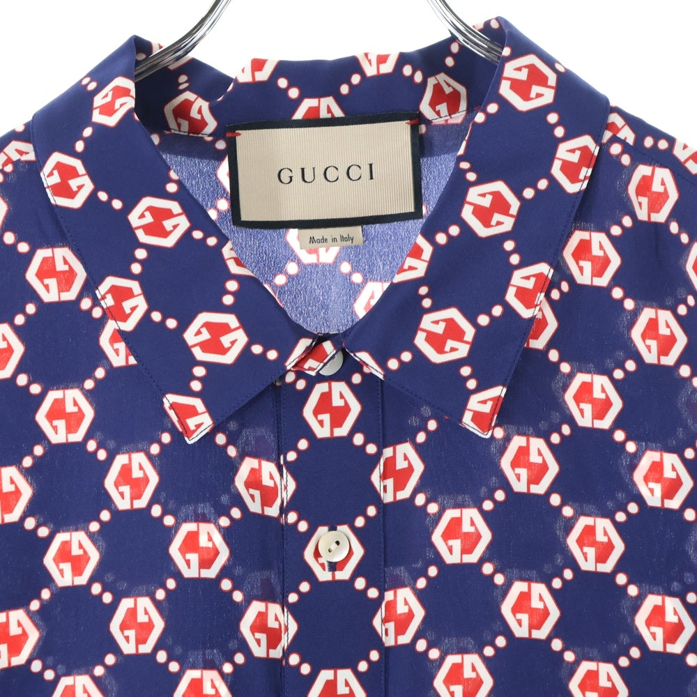 GUCCI(グッチ) 21SS GG総柄 ヘキサゴン シルククレープ ボウリング 半袖シャツ ネイビー/レッド 654887 ZAF9W