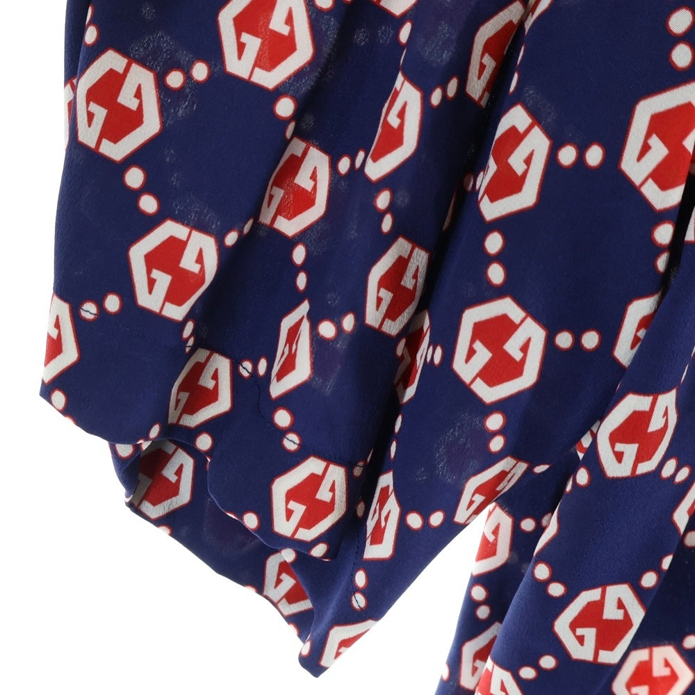 GUCCI(グッチ) 21SS GG総柄 ヘキサゴン シルククレープ ボウリング 半袖シャツ ネイビー/レッド 654887 ZAF9W
