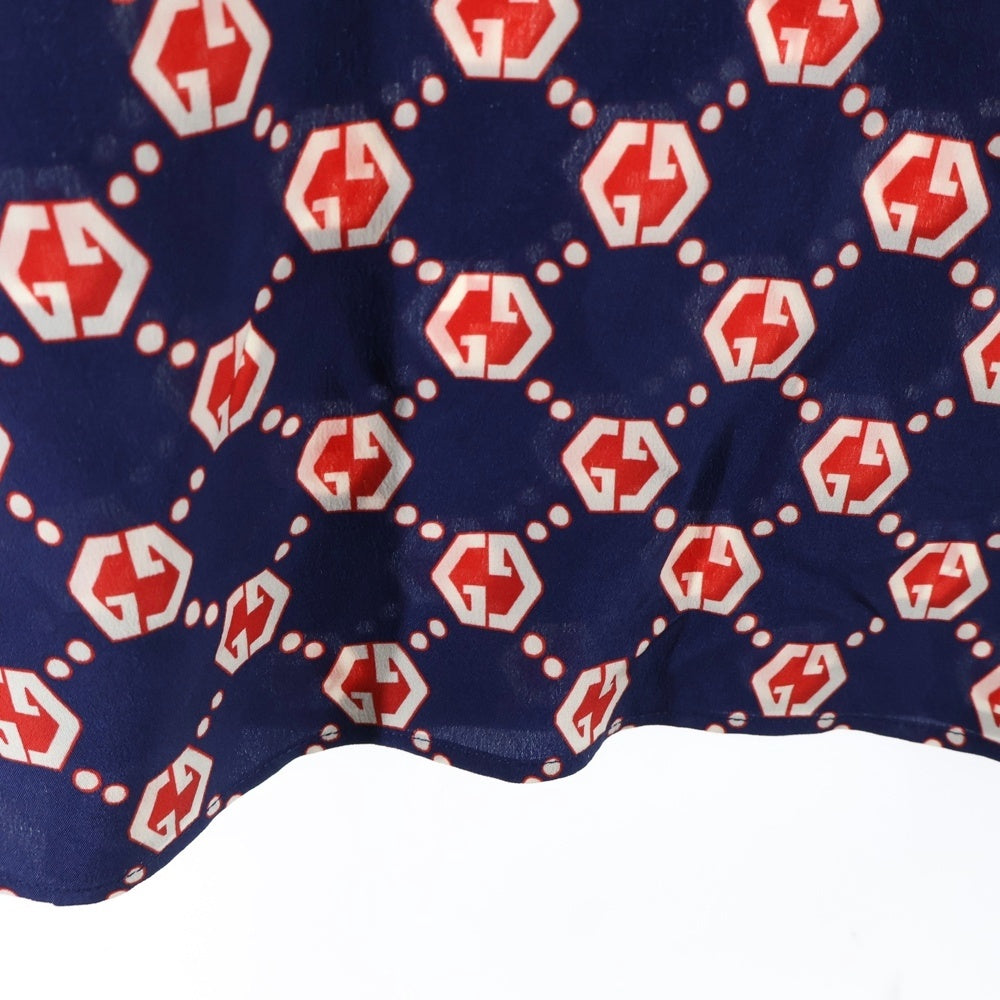 GUCCI(グッチ) 21SS GG総柄 ヘキサゴン シルククレープ ボウリング 半袖シャツ ネイビー/レッド 654887 ZAF9W