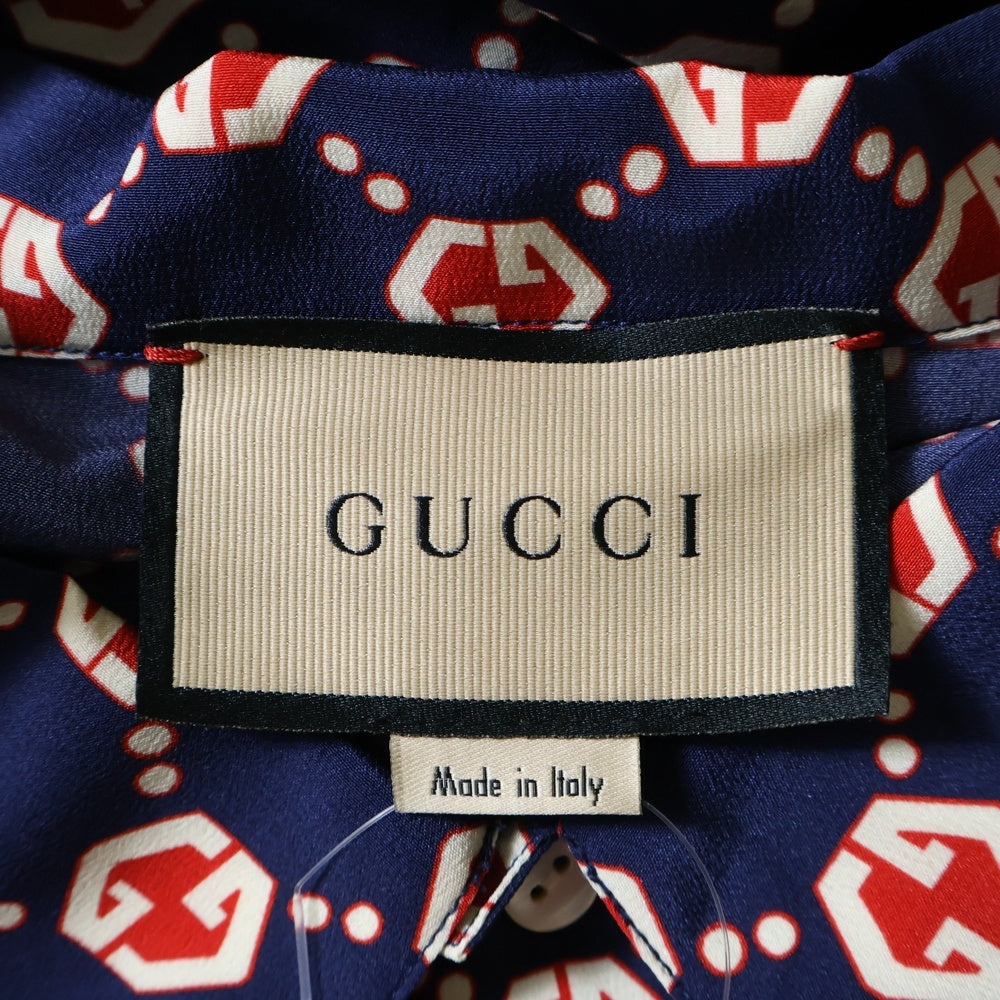 GUCCI(グッチ) 21SS GG総柄 ヘキサゴン シルククレープ ボウリング 半袖シャツ ネイビー/レッド 654887 ZAF9W