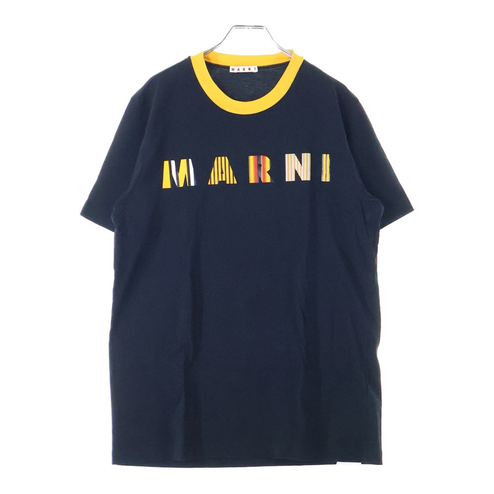 MARNI(マルニ) 22SS ストライプロゴ クルーネック リンガー 半袖Tシャツ カットソー ブラック/イエロー HUMU0198P7
