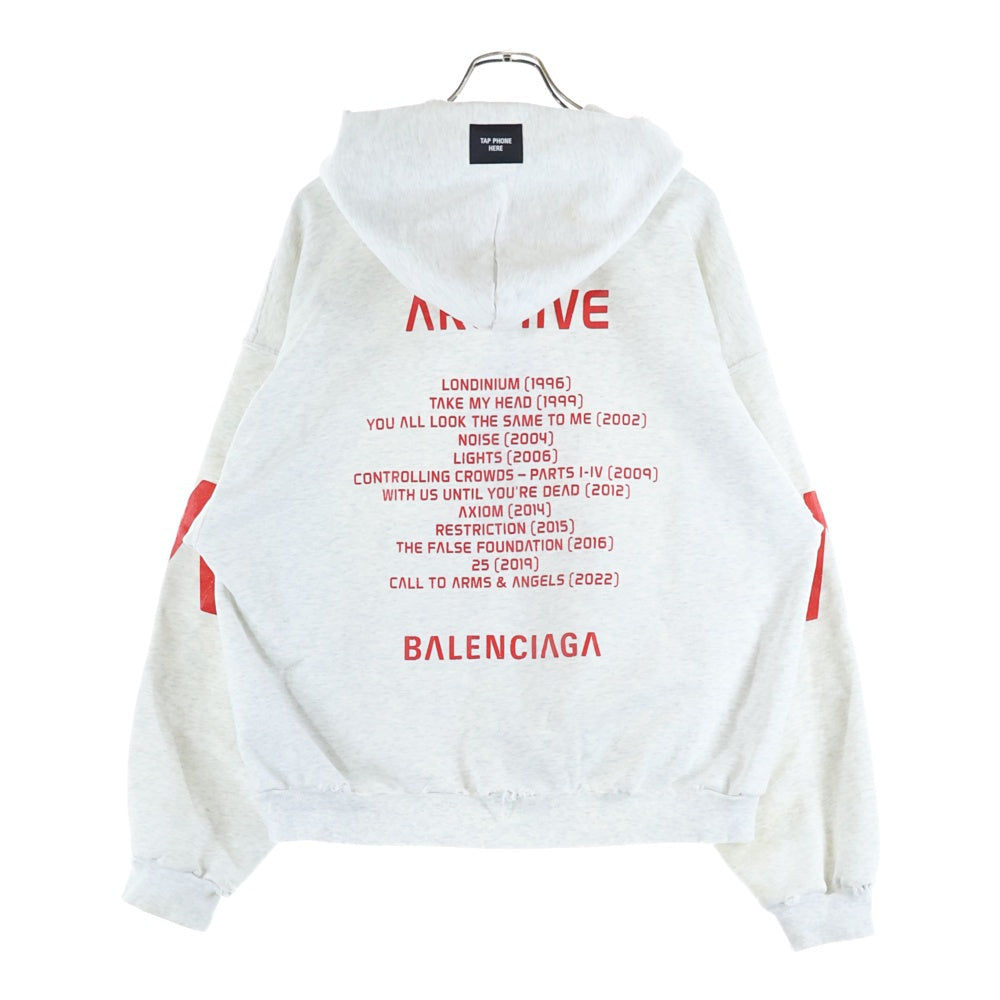BALENCIAGA(バレンシアガ) 24SS Music Archive Series Connected Zip Up Hoodie アーカイブロゴ ダメージ加工 ジップアップスウェットパーカー フーディー グレー 744457 TQVA6