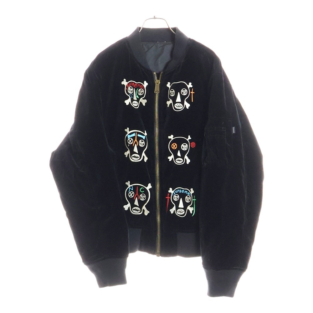 SUPREME(シュプリーム) 21SS Skulls Embroidered Velvet MA-1 スカルエンブロイダリー ベルベット リバーシブル ジップアップジャケット ブラック
