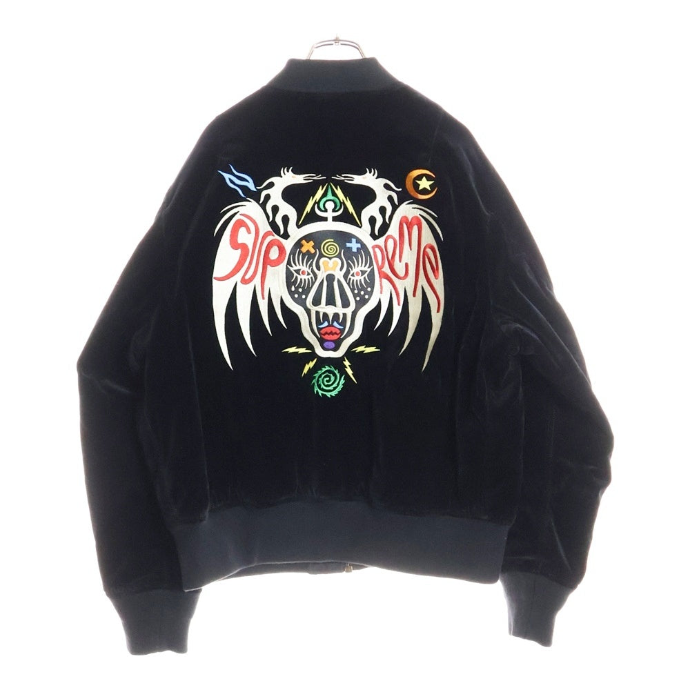 SUPREME(シュプリーム) 21SS Skulls Embroidered Velvet MA-1 スカルエンブロイダリー ベルベット リバーシブル ジップアップジャケット ブラック