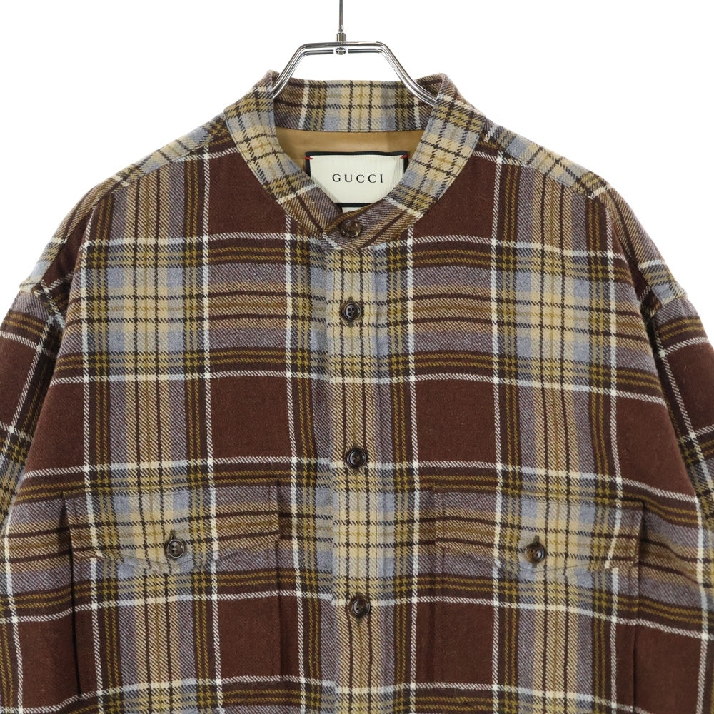 GUCCI(グッチ) Wool Checked L/S Shirt ウール チェック スタンドカラー 長袖シャツ ブラウン 538834 ZAACR