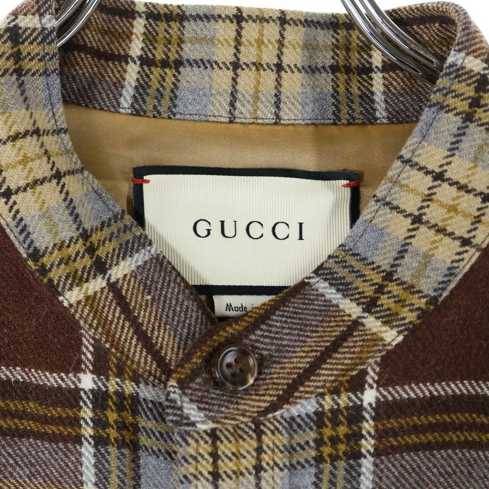 GUCCI(グッチ) Wool Checked L/S Shirt ウール チェック スタンドカラー 長袖シャツ ブラウン 538834 ZAACR