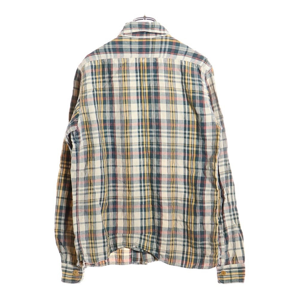 NIGEL CABOURN(ナイジェルケーボン) チェック柄 リネン ジップアップ ミリタリー長袖シャツ グリーン/イエロー 8080010027