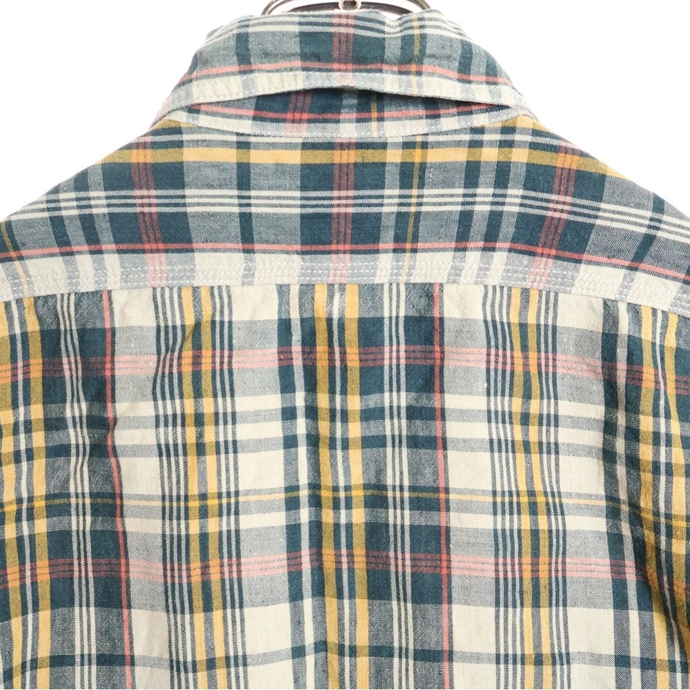 NIGEL CABOURN(ナイジェルケーボン) チェック柄 リネン ジップアップ ミリタリー長袖シャツ グリーン/イエロー 8080010027