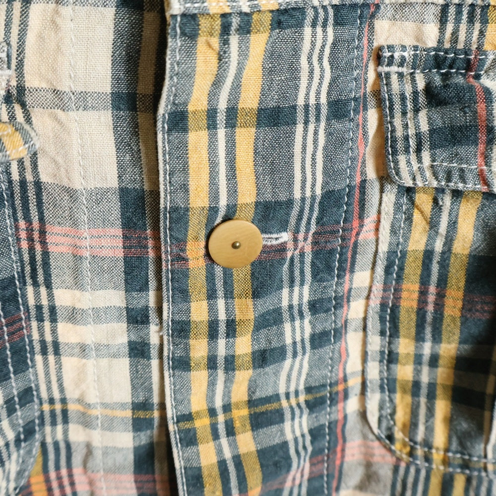 NIGEL CABOURN(ナイジェルケーボン) チェック柄 リネン ジップアップ ミリタリー長袖シャツ グリーン/イエロー 8080010027
