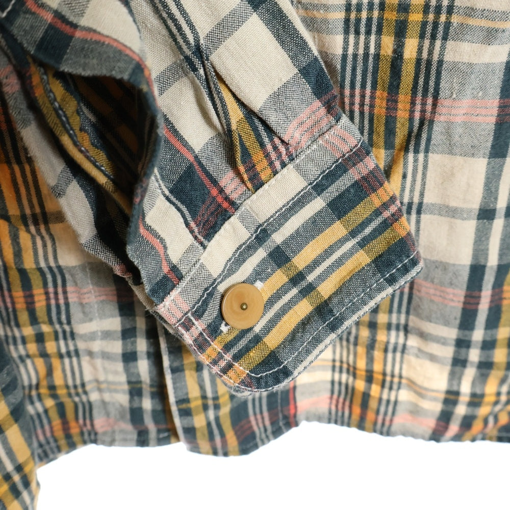 NIGEL CABOURN(ナイジェルケーボン) チェック柄 リネン ジップアップ ミリタリー長袖シャツ グリーン/イエロー 8080010027