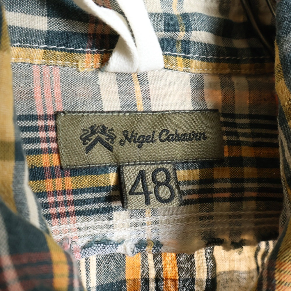 NIGEL CABOURN(ナイジェルケーボン) チェック柄 リネン ジップアップ ミリタリー長袖シャツ グリーン/イエロー 8080010027