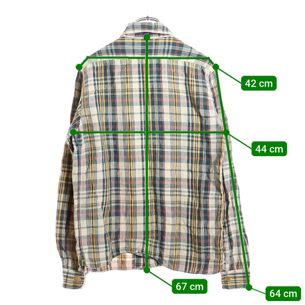 NIGEL CABOURN(ナイジェルケーボン) チェック柄 リネン ジップアップ ミリタリー長袖シャツ グリーン/イエロー 8080010027